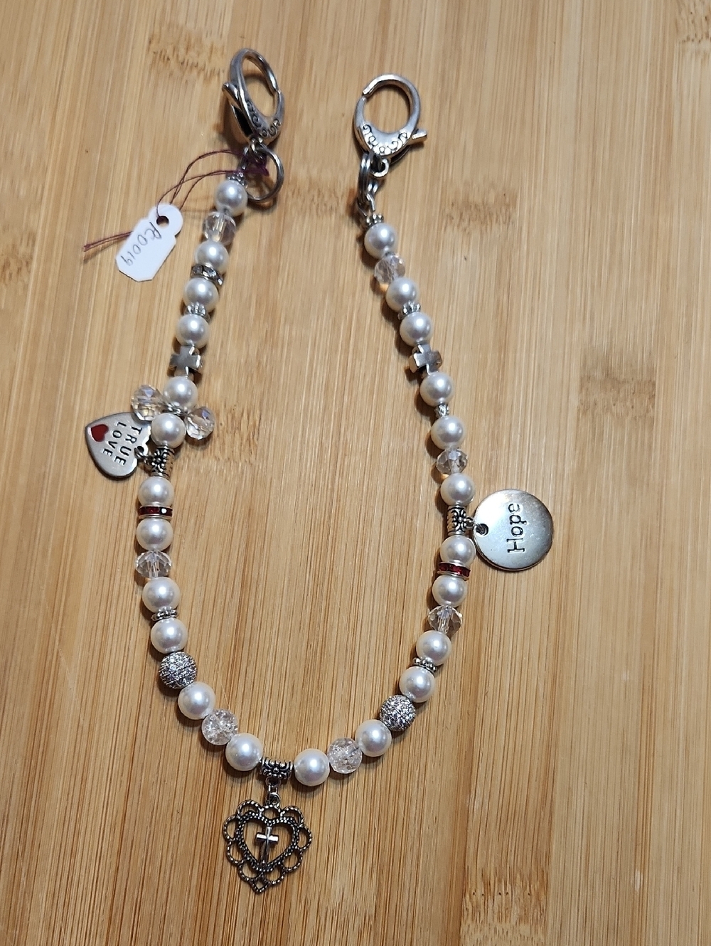 Hand Crafted Beaded Bag Charm Bracelet Pearls Pendants Crystals Pave White